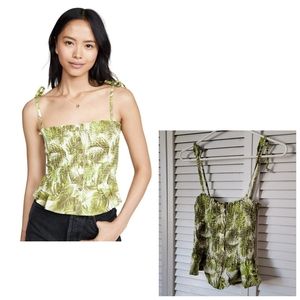 CHASER Smocked Palm Print Linen Tank, Size S
